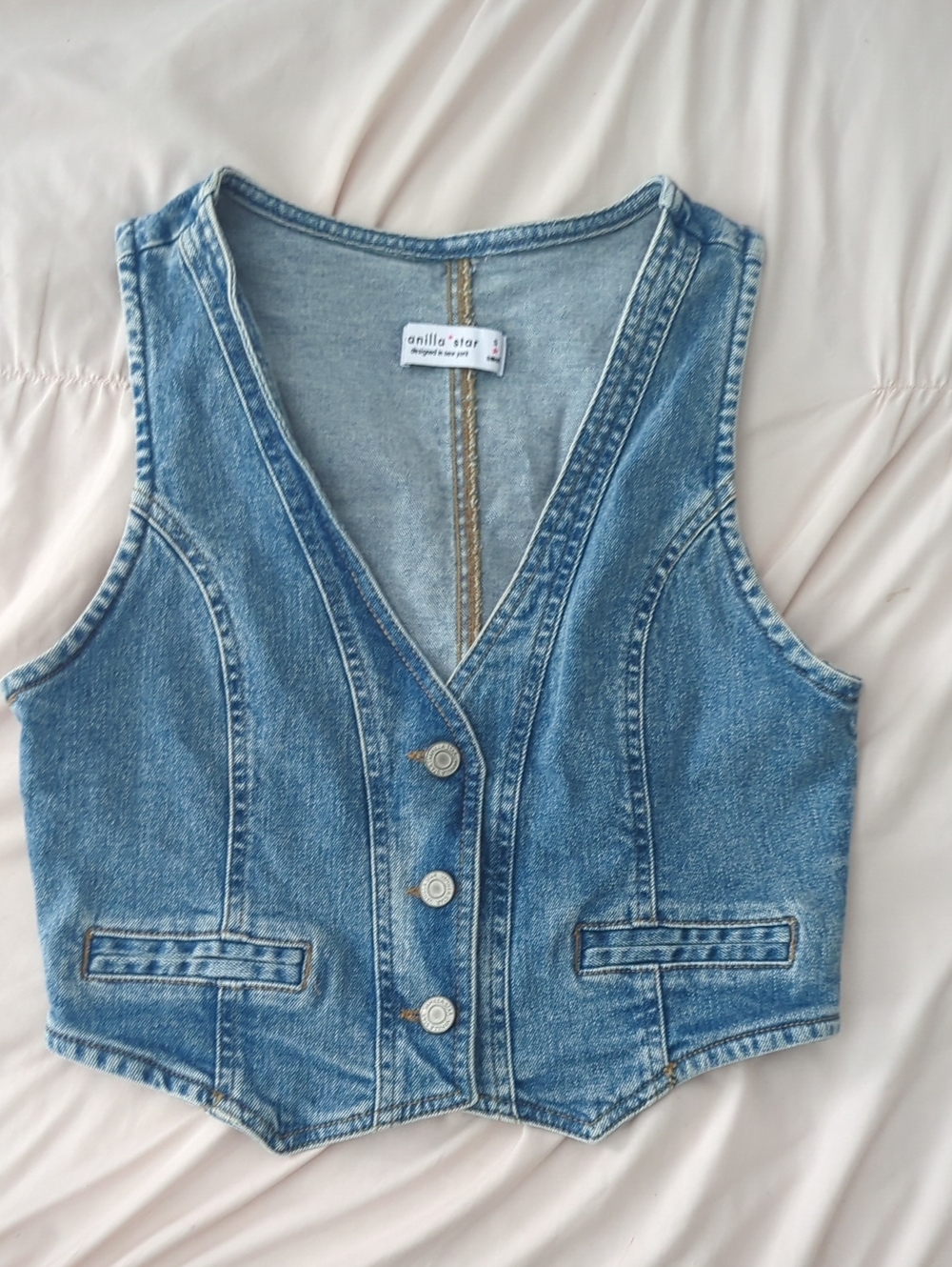 Vanilla Star Light Blue Denim Crop Vest